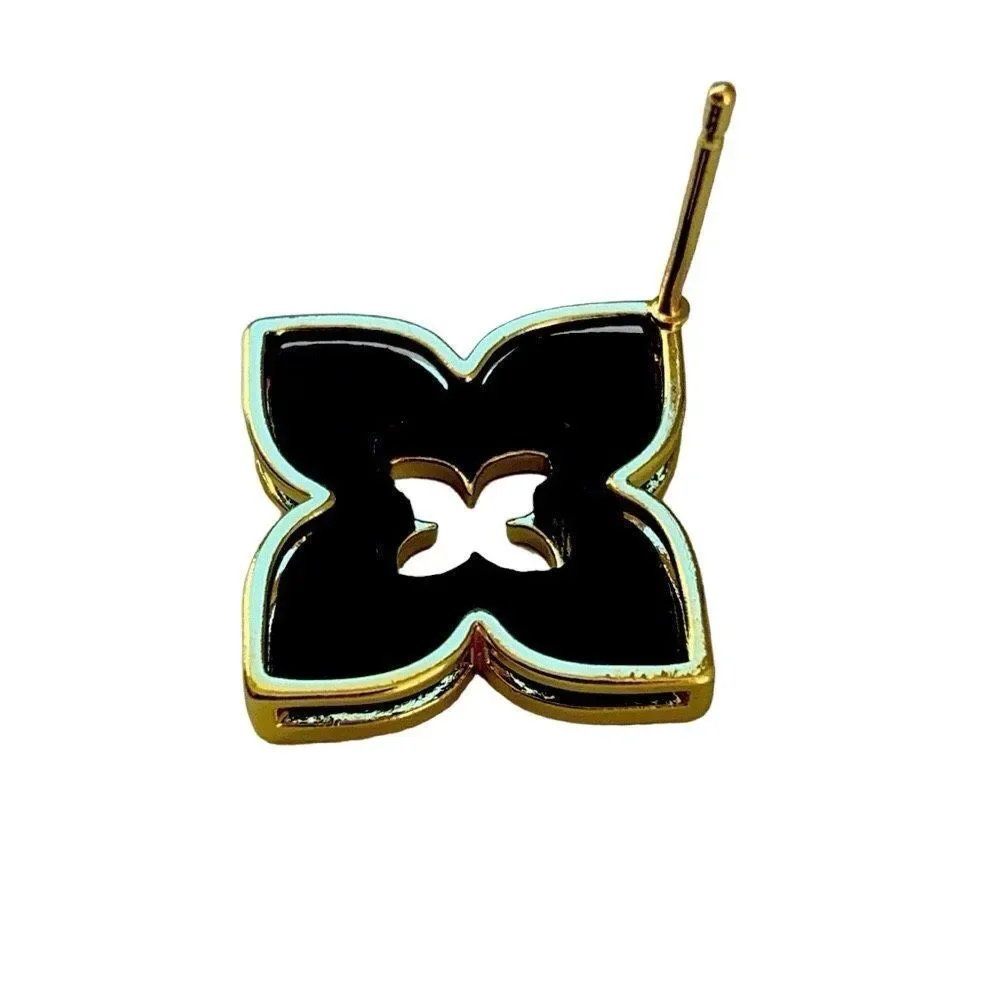 Black Enamel Quatrefoil Flower Stud Earrings with Crystal Accents